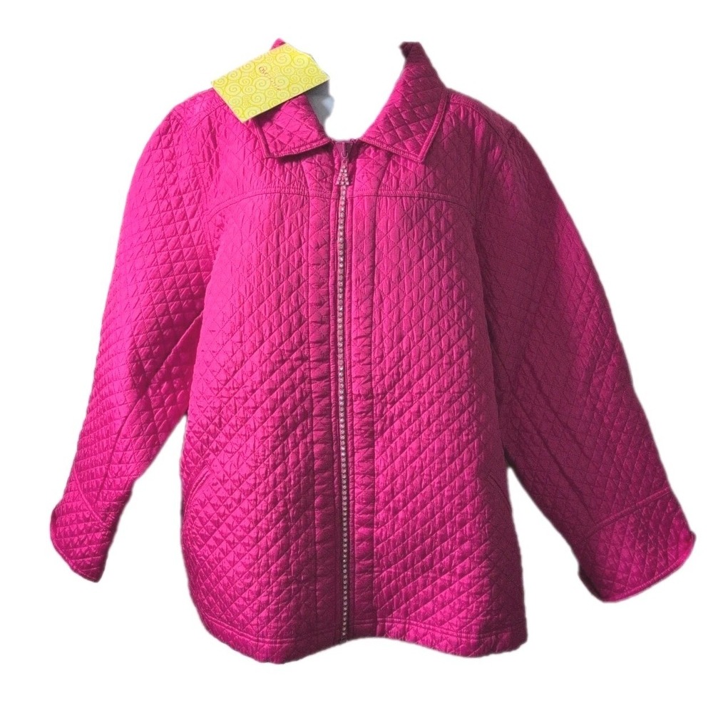 The Quaker Factory Quilted 100% Silk Jacket Women's 2X Pink Full Zip Rhinestones